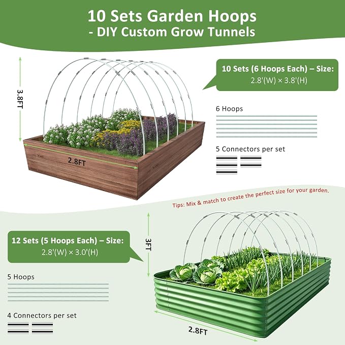 60pcs Greenhouse Hoops for Raised Beds, Fiberglass Garden Hoops Grow Tunnel | 8FT Flexible Fiberglass, Rust-Free Design, 40 Clips, Hoops for Garden Netting Row Cover and Shade Cloth, DIY Plant Support