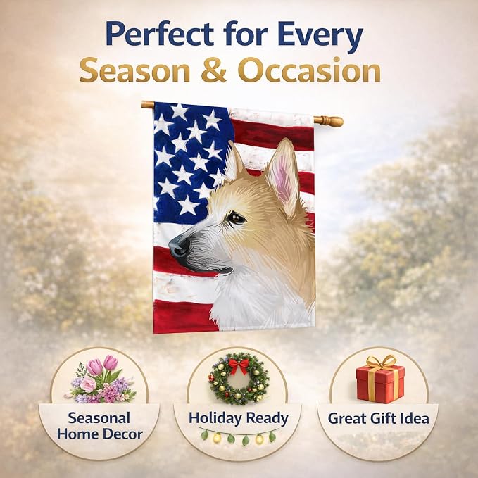 Caroline's Treasures CK6630CHF Norwegian Buhund Dog American Flag House Flag Large Porch Sleeve Pole Decorative Outside Yard Banner Artwork Wall Hanging, Polyester, House Size, Multicolor
