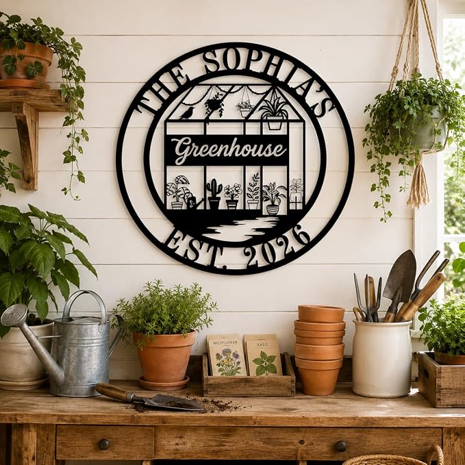 Personalized Metal Greenhouse Sign Custom Garden Name Sign for Outside Yard Patio Decor Botanical Wall Art Gift for Mom Grandma Gardener