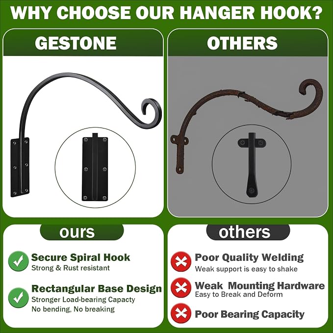 Heavy Duty 22 Inch Plant Hangers Bracket Outdoor, 80lbs Weight Capacity-2 Pack Metal Wall Hooks for Hanging Plants, Bird Feeder, Wind Chime, Wall Decor, Plant Hanger Hooks for Hanging Flower Baskets