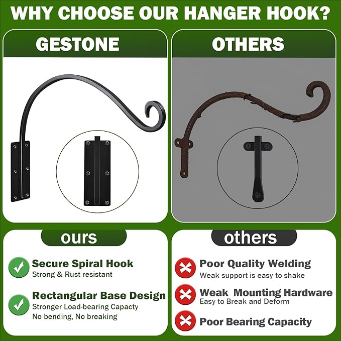 Heavy Duty 16 Inch Plant Hangers Bracket Outdoor, 60lbs Weight Capacity-4 Pack Metal Wall Hooks for Hanging Plants, Bird Feeder, Wind Chime, Wall Decor, Plant Hanger Hooks for Hanging Flower Baskets