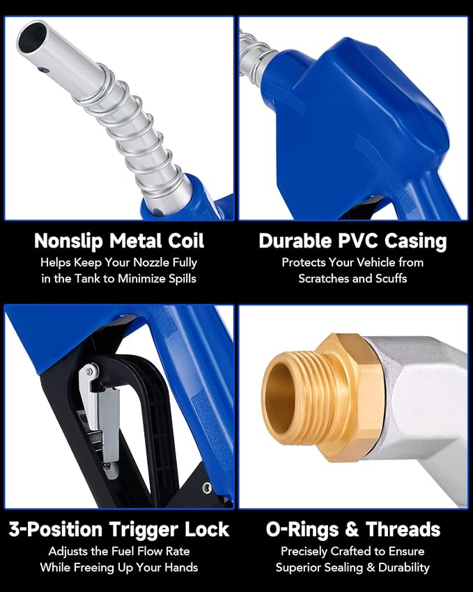 Orion Motor Tech Automatic Fuel Nozzle Kit, 3/4" NPT Auto Shut Off Fuel Nozzle with 360° Hose Swivel, Gas Fuel Transfer Refilling Nozzle with 15/16" Spout 16 gpm Flow Rate