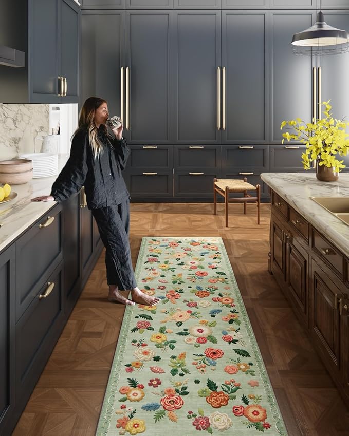 Machine Washable Rug Runners for Hallways: 2x10 Kitchen Rugs Non Slip Low Pile Soft Faux Wool Non Shedding Lightweight Vintage Floral Long Carpet Runner for Entryway Bedroom Laundry Farmhouse