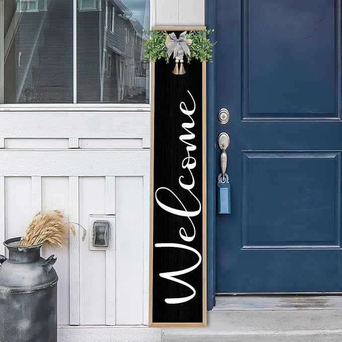 Welcome Cursive Sign for Front Porch Standing 45"X9" Tall Large Vertical Leaner Wood Framed Outdoor Wall Decor (Wood Black)