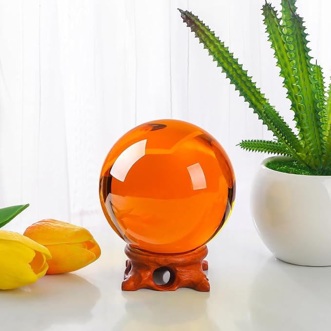 Amber Crystal Ball 80mm/3.1 inch with Rose Wooden Stand and Gift Box for lensball Photography,Fortune Teller,Feng Shui, Witchcraft Decor,Scrying,Magic,Quartz Crystal Orb Prop Decorative Glass Sphere