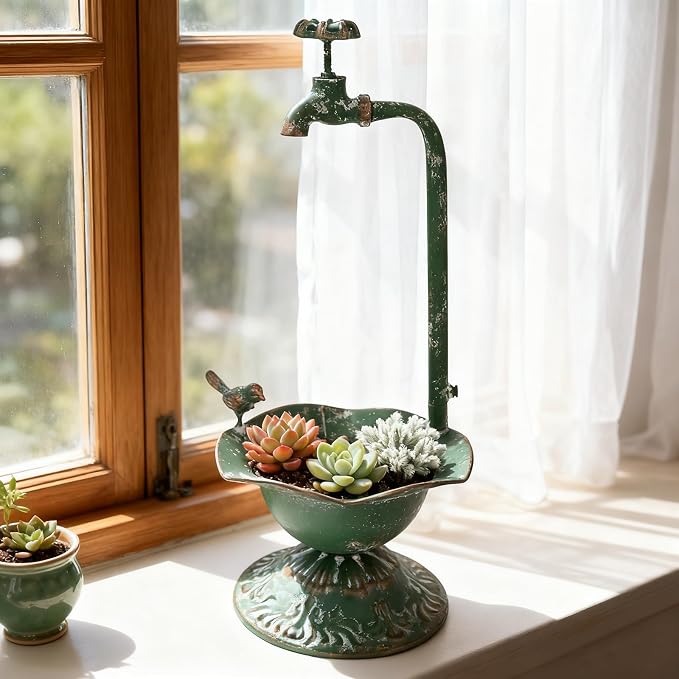 Unique Planters for Indoor Outdoor Plants, Rustic Succulent Planters, Outdoor Flower Pots, Indoor Succulent Plant Pots, Metal Tap Design, Home and Garden Decor (Green)