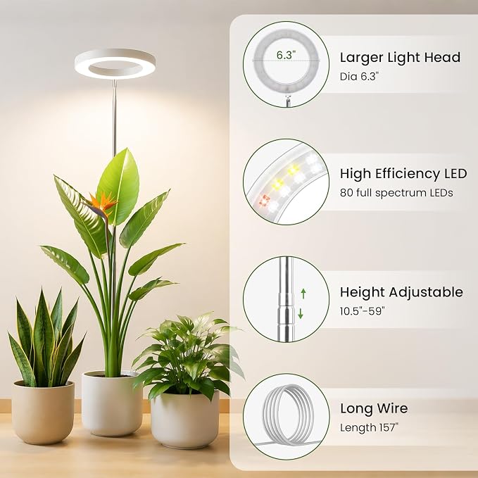 LBW Grow Lights for Indoor Plants, 6.3" Full Spectrum Plant Light with Base, 59" Height Adjustable Grow Lamp, 6/8/12/16H Auto Timer, 3 Color, 5 Dimmable Level, for Tall Large Plants, White,3 Pack