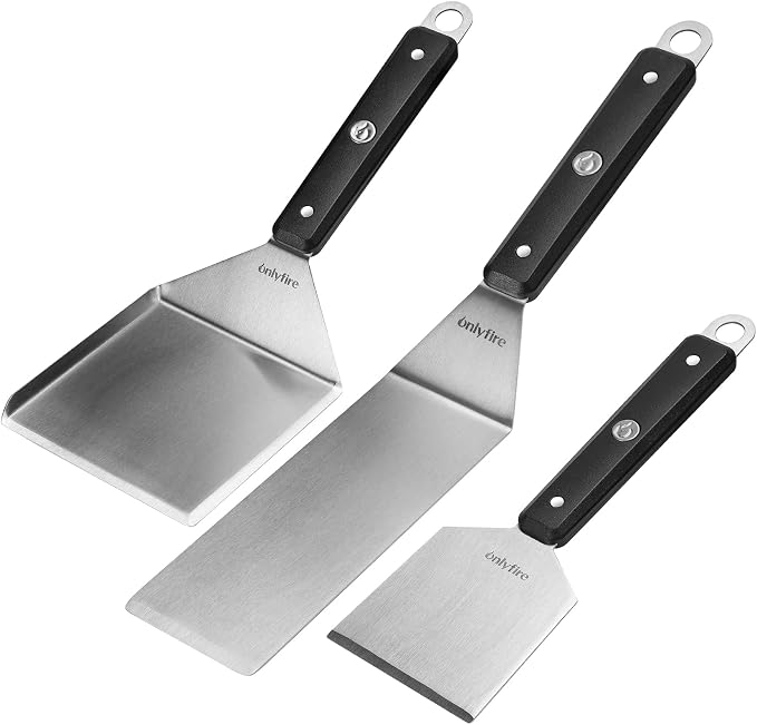 onlyfire BBQ Spatula Set for Camping/Backyard BBQ - Heavy Duty Stainless Steel Griddle Accessories Kit with Enlarged Spatula, Scraper and Long Spatula - Set of 3