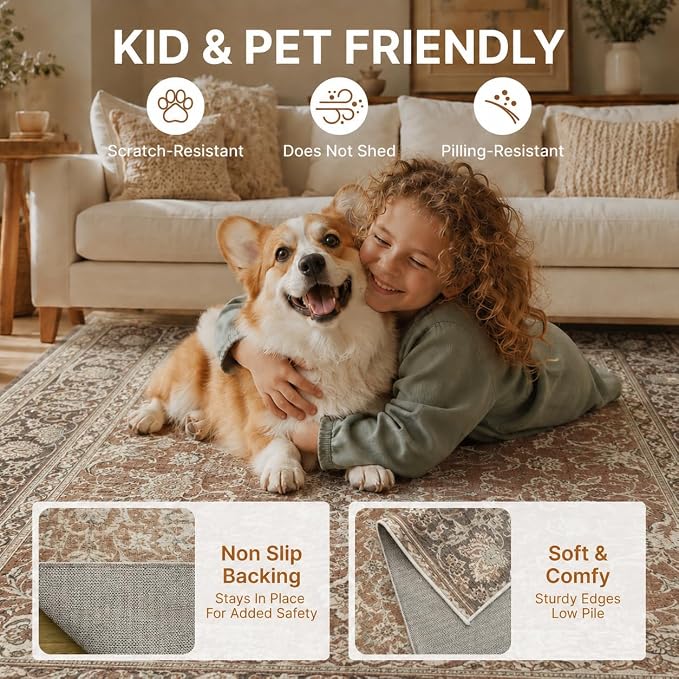 Washable 4'x6' Vintage Area Rug for Bedroom Living Room | Farmhouse Carpet For Bedroom Kitchen Office Hallway Entryway Printed Pattern Non-Slip Soft Stain-Resistant Easy To Clean