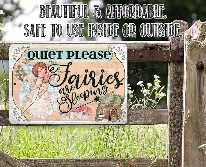 Quiet Please Fairies - Cute Baby Room Decor, Baby Shower Fairy Theme Accessories, Fairies Girl Nursery Display, Fairycore Decoration and Gift, 12x18 Indoors or Outdoors Durable Wooden Look Metal Sign