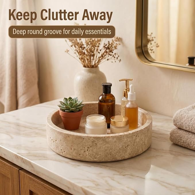 Natural Travertine Decorative Bowl 8",Fruit Bowl for Kitchen Counter & Natural Stone Centerpiece for Coffee Table Decor, For Kitchen Fruit Bowl, Key Holder for Entryway, Dining Table Centerpiece.