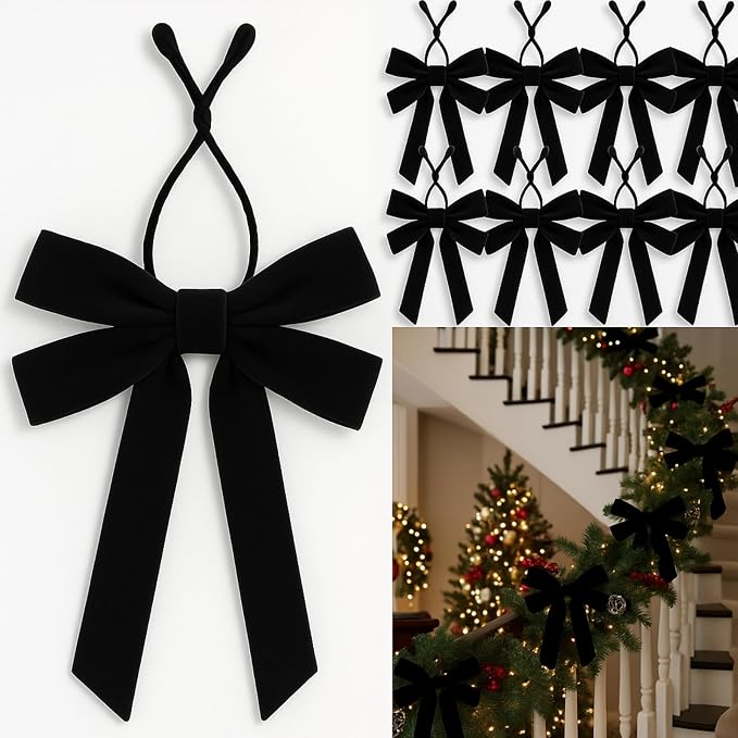 36 Pcs 20 Inches Christmas Garland Ties with Large Velvet Bows Decorative Reusable Twist Tie Bows for Banister Christmas Indoor Outdoor Holiday Wreath Decorations(Black)