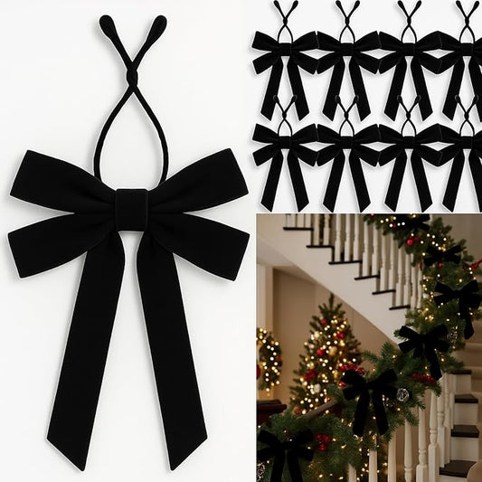 36 Pcs 20 Inches Christmas Garland Ties with Large Velvet Bows Decorative Reusable Twist Tie Bows for Banister Christmas Indoor Outdoor Holiday Wreath Decorations(Black)