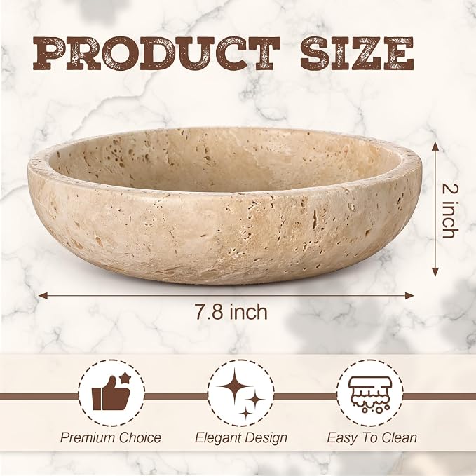 LemonRoad Travertine Decorative Bowl 7.8"x 2" Marble Round Stone Bowl for Entryway Key, Fruit, Kitchen Counter, Dining Table Centerpiece, Office Decor(Beige)