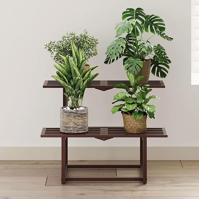 Plant Stand Indoor Outdoor, Foldable Metal Plant Shelf for Multiple Pots, Mid Century Slatted Bench for Patio Garden, Heavy Duty Capacity 330 lbs 2 Tier Coffee