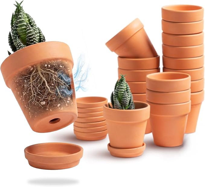 HERDUK 3 Inch Terracotta Starter Pots with Saucers – Clay Planting System for Seedlings, Cuttings & Succulents, Reliable Drainage for Healthy Roots, Ideal for Beginners & Small Spaces