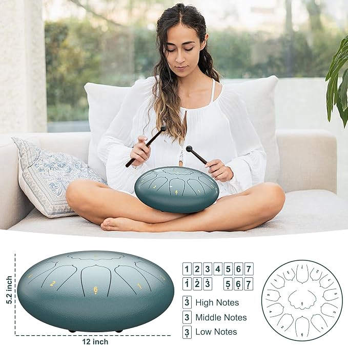 D Major Steel Tongue Drum Handpan, 12 Inch 13 Note Rain Drum for Garden Outside, Meditation Rain Chime, Musical Percussion Instrument for Adult Gift with Bag, Music Book, Drum Mallets (Moss Blue)