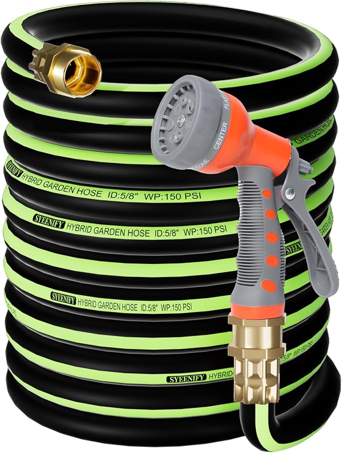 Kink Free Garden Hose 100ft 5/8", Heavy Duty Hybrid Water Hose, Ultra Durable Flexible Rubber Hose with Sprayer Nozzle,Leakproof Yard Outdoor Hose with Brass Solid Connector