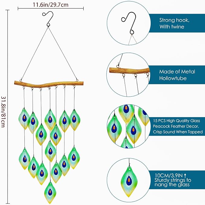 Handmade Peacock Feathers Glass Wind Chimes – Sea Glass Garden Windchimes for Outside, Hand-Painted Glass Suncatcher, Durable