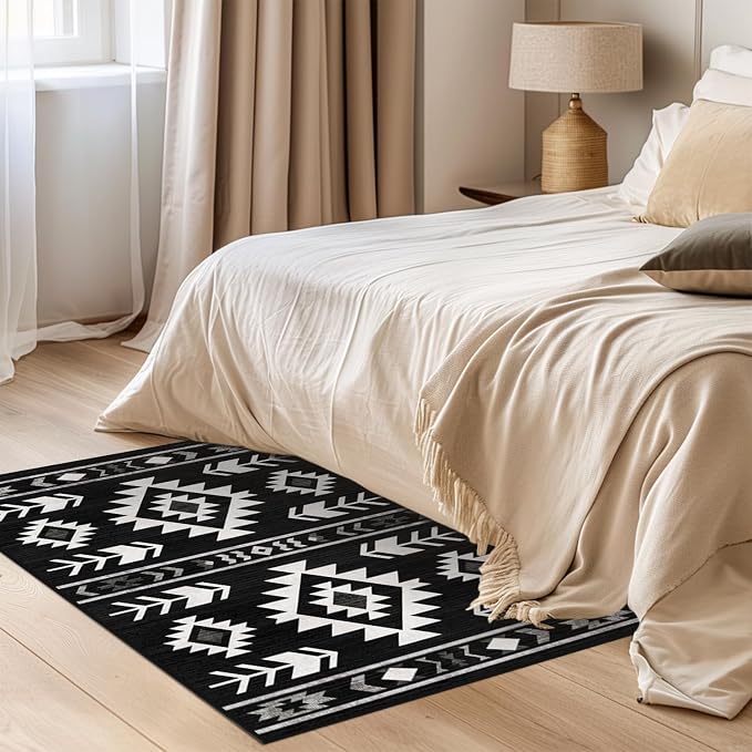 Western Area Rug 4x6 for Living Room, Southwestern Aztec Tribal Area Rugs Southwest Navajo Machine Washable Rug Non-Slip Printed Low-Pile Floor Carpet for Bedroom Dining Room Office, Black