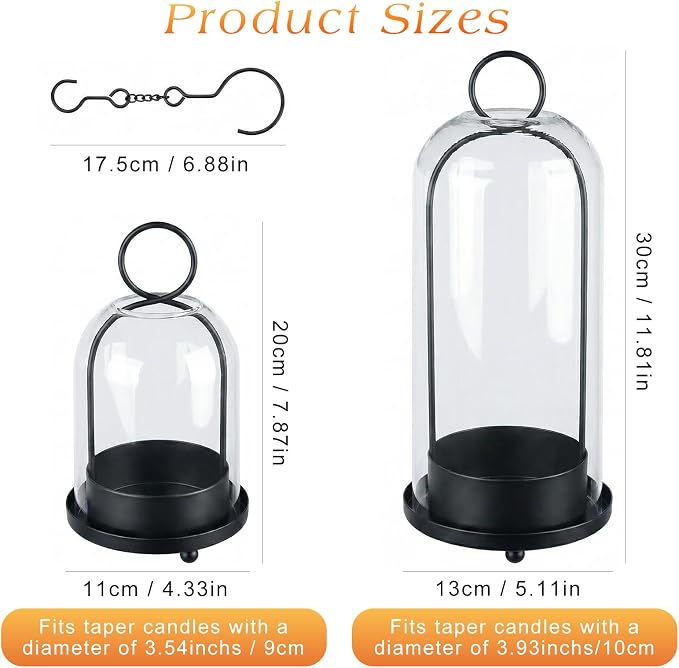 Fohil 5" & 4" Hurricane Glass Candle Holders, Set of 2 Metal Candle Holder with Handmade Sturdy Glass Dome, Candle Lantern for Pillar Candles, Plants, Table Centerpiece, Home Decor