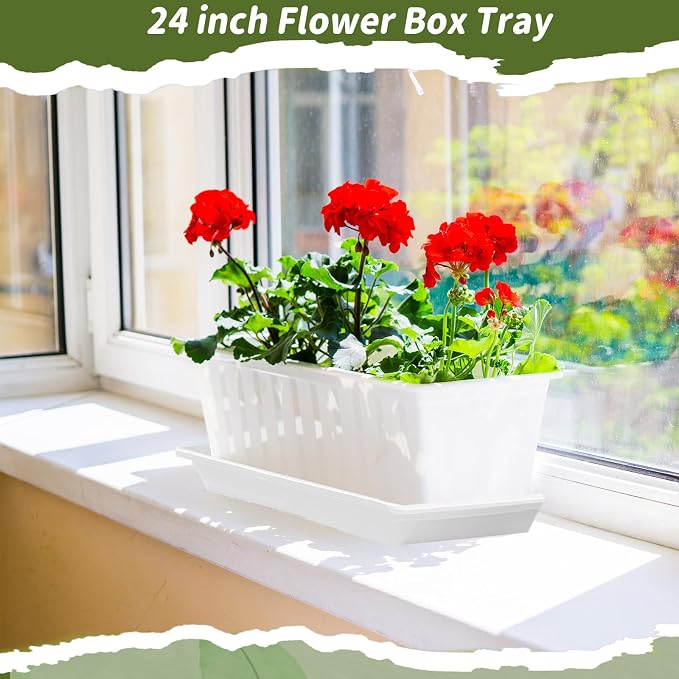 Cinnvoice 4 Pack White 24 x 8 x 1.6 Inch Rectangle Plant Saucer Large Plastic Plant Tray Water Drip Trays for Windowsill Flower Pot Planter Drainage Germination Garden Indoor Outdoor Use