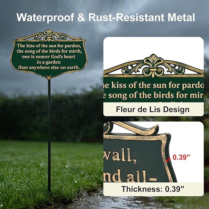 Garden Signs for Outside, "The Kiss of The Sun" Double-Sided Vintage Green Poem Plaque with Stake, Aluminum Outdoor Garden Sign for Patio Yard Lawn Backyard Porch Decor