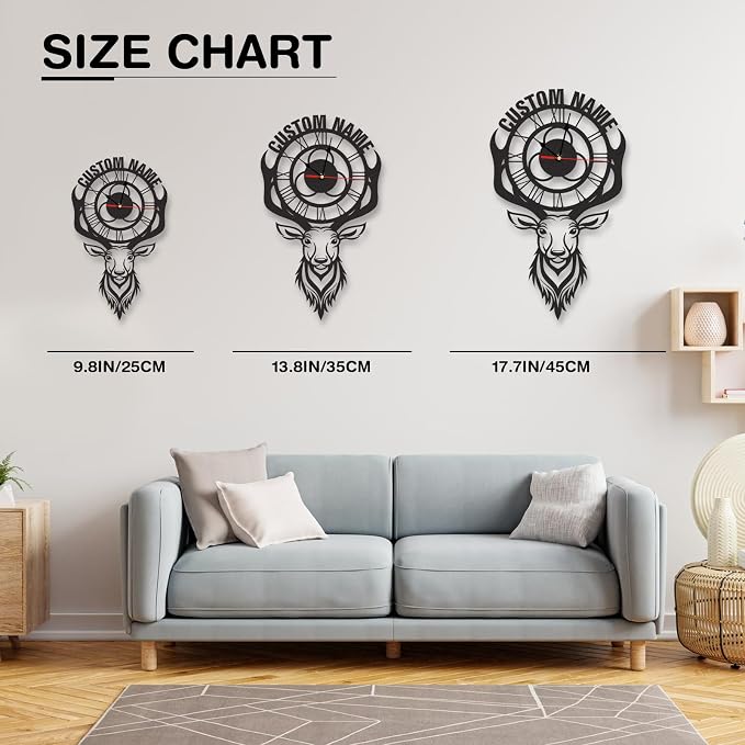 Personalized Indoor Outdoor Wall Clock, Deer Metal Cabin Decor, Custom Name Retro Art Hanging Clock, Hunter Gift, Large Roman Numeral Outdoor Wall Clocks for Patio Farmhouse Living Room Decor