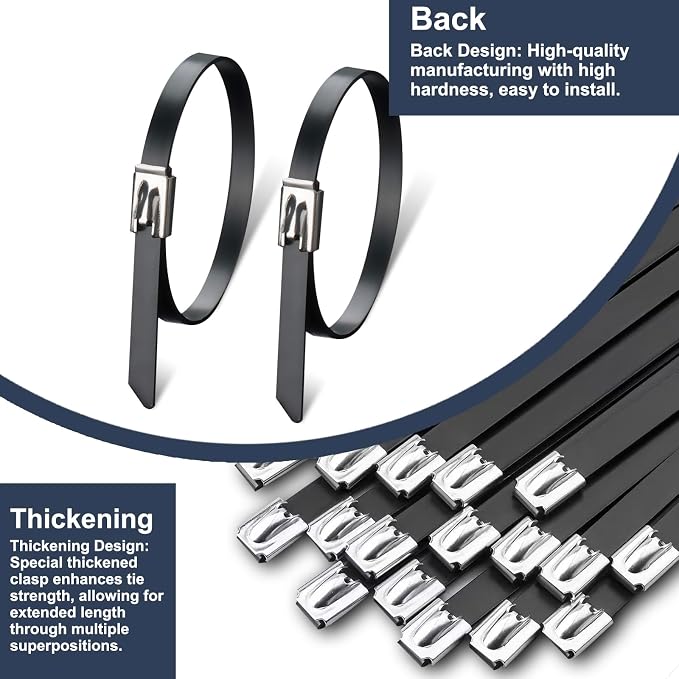 100PCS 11.8" Black Epoxy Coated Metal Zip Ties, Heavy Duty Self-Locking Stainless Steel, Corrosion Resistant for Harsh Environments, Ideal for Machinery, Vehicles, Farm, Cable & Pipe Binding
