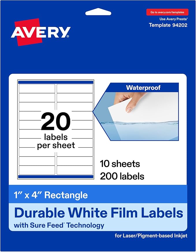 Avery Printable Durable White Rectangle Labels, Sure Feed Technology, 1" x 4", Waterproof Labels, Laser & Pigment-Based Inkjet Compatible, 200 Total, Great for Product Branding, Marketing, and More