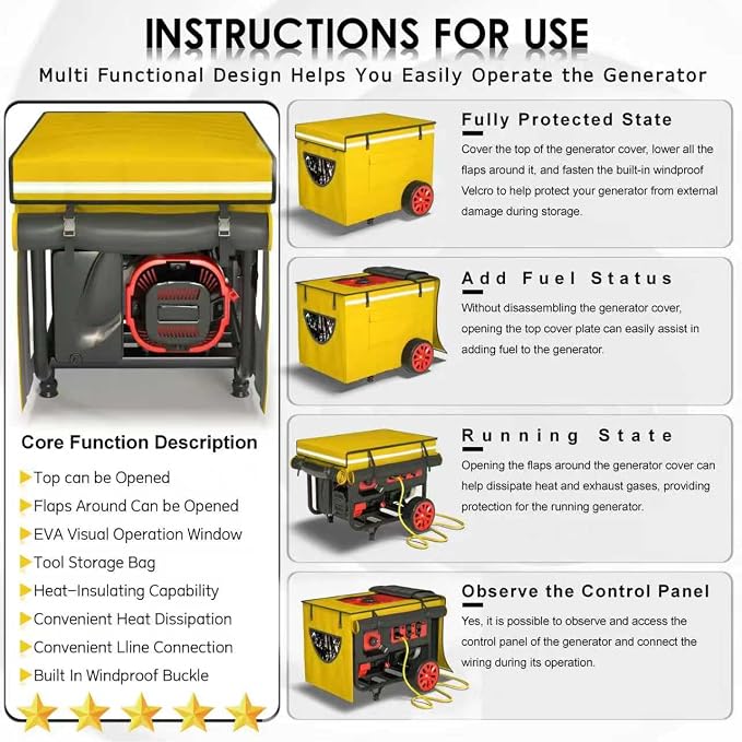 Generator Covers While Running, Generator Covers Heavy-Duty Waterproof, 32X24X24 inches, Top Can Be Opened for Refueling, for 3000W-10000W Frame Type Generators, Yellow