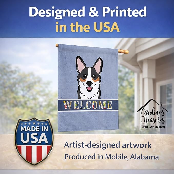 Caroline's Treasures BB1441CHF Tricolor Corgi Welcome House Flag, Blue Large Porch Sleeve Pole Decorative Outside Yard Banner Artwork Wall Hanging, Polyester, House Size, Multicolor