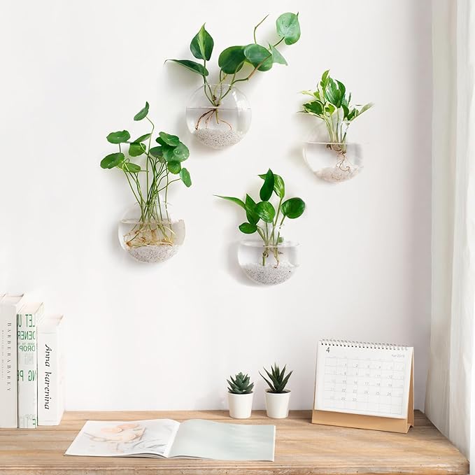 Mkono Wall Hanging Glass Terrariums Planter Oblate Flower Vase for Hydroponics Plants, Bathroom, Home Office Living Room Decor, Set of 2（Plants not Included）