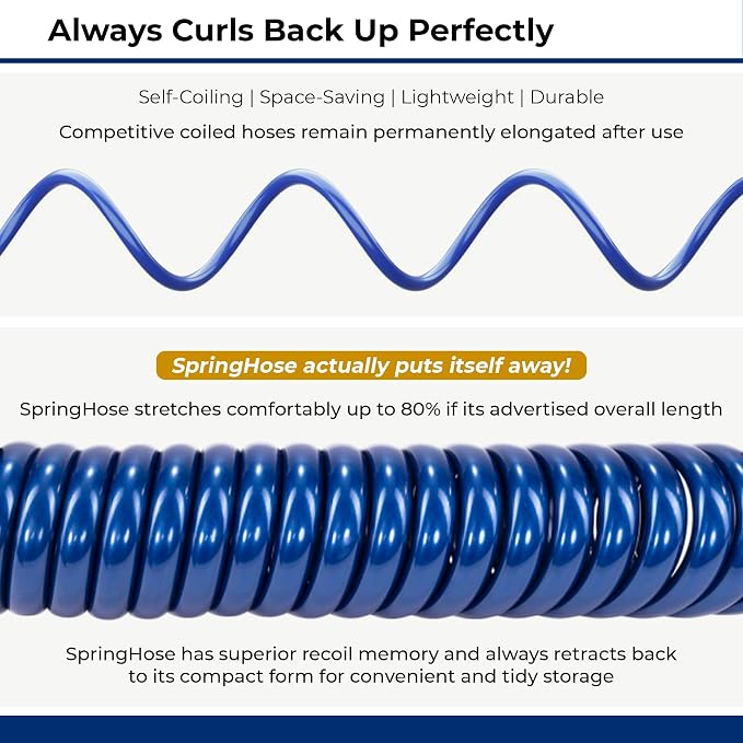 SpringHose RV Water Hose 3/8 in by 25-Foot Polyurethane Safe RV Drinking Water Hose - Premium and Lightweight Coiled Hose with Quick-Connect Male Adapter Plug and Nozzle, Made in Canada, Blue