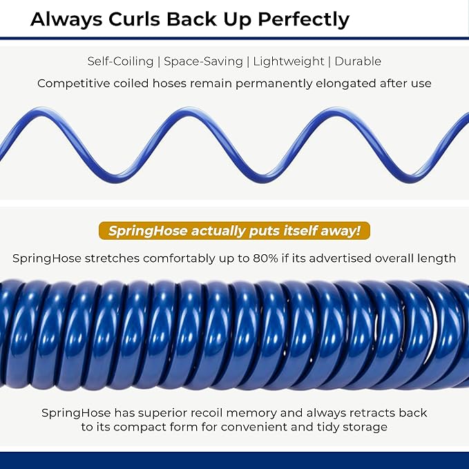 SpringHose RV Water Hose 3/8 in by 15-Foot Polyurethane Safe RV Drinking Water Hose - Premium and Lightweight Coiled Hose with Quick-Connect Male Adapter Plug and Nozzle, Made in Canada, Blue