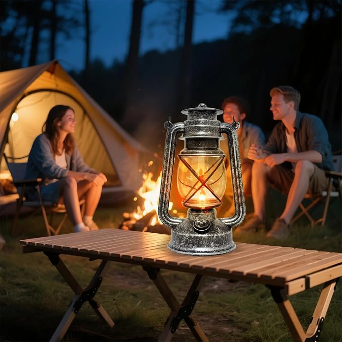 Vintage LED Outdoor Lantern Battery Powered Lanterns with Flame Wick Waterproof Camping Lamp Non-Solar Hanging Lantern Lights Landscape Decor for Indoor/Outdoor Use- Silver Color