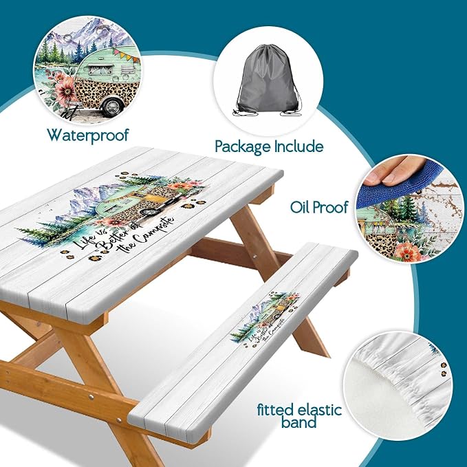 Picnic Table Cover with Bench Covers, Camper Floral Waterproof Windproof, Fitted Tablecloth with Elastic Edge, Camping Accessories Essentials for Backyard BBQ RV Trip Picnic Outdoor Party, 30X96 inch