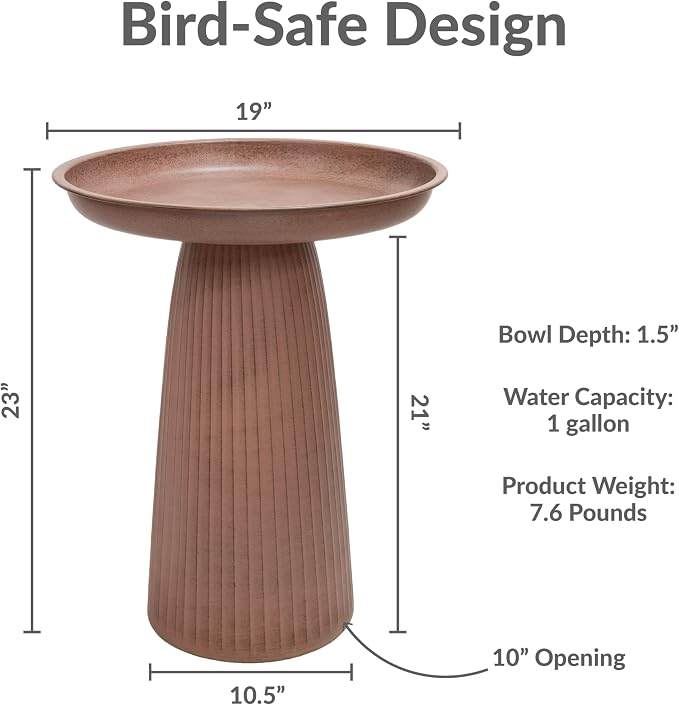 Sunnydaze Gleeful Garden 23" Iron Pedestal Bird Bath for Outside - Modern Shallow Basin Birdbath for Outdoors with UV-Protected Rust-Resistant Finish for Patio, Garden, Yard Decor - Matte Canyon Clay