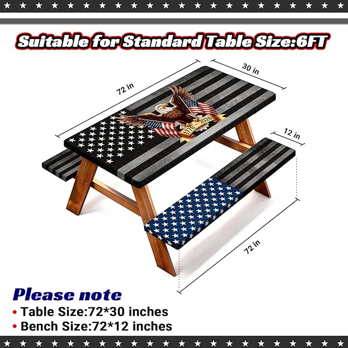 Picnic Table Cover with Bench Covers, 250th Anniversary Eagle Patriotic Decor, Windproof Waterproof Fitted Tablecloth with Elastic, Rectangle for 4th of July, Outdoor Camping Parties, 72x30 Inch
