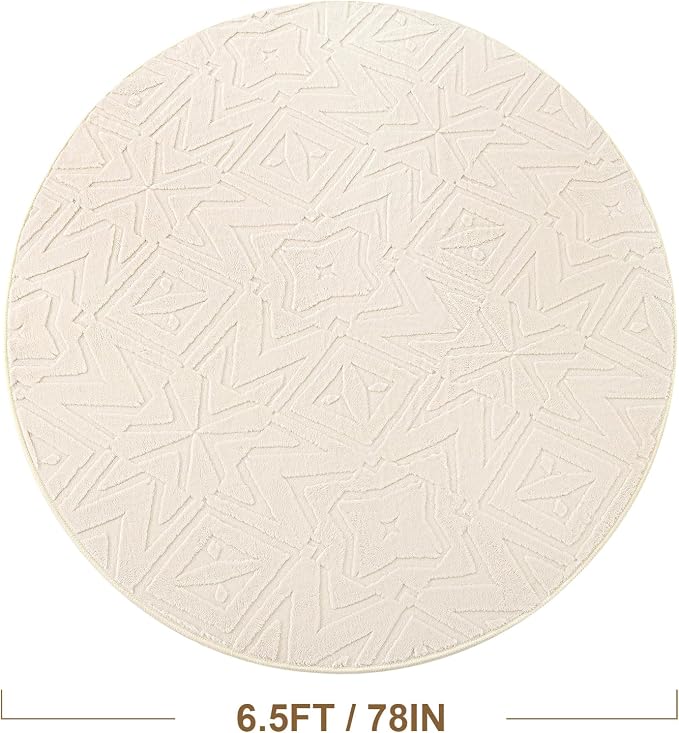 Carvapet 6.5ft Round Geometric Rug Beige Washable High Low Pile Carpet | Soft plush textured rug with non slip backing for living rooms, bedrooms, nurseries and cozy indoor spaces