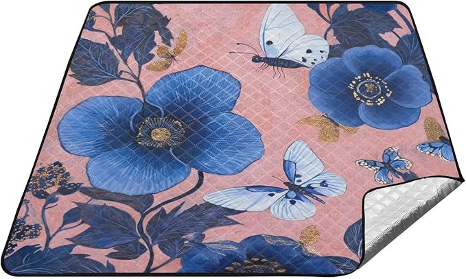 Blue Flower Butterfly Waterproof Picnic Basket Set Portable Outdoor Picnic Accessories Outdoor for Outdoorsy People Couples Gift cobija para parque
