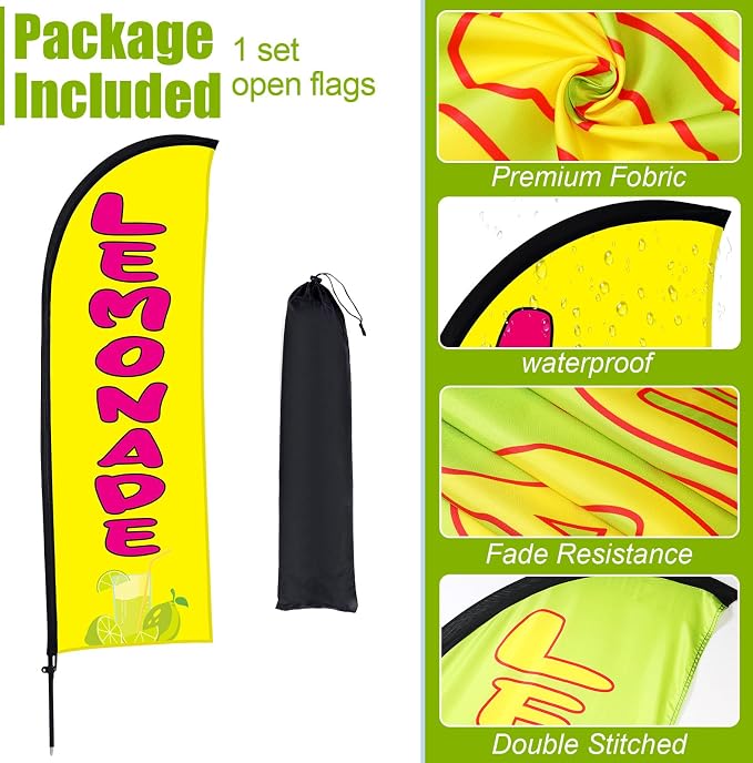 Buryeah Lemonade Feather Flag for Business Advertising 7x5.4ft Feather Flag Sign with Flagpole Ground Stake Portable Bag Lemonade Themed Banner with Rope for Outside Garden Business Party(Yellow)