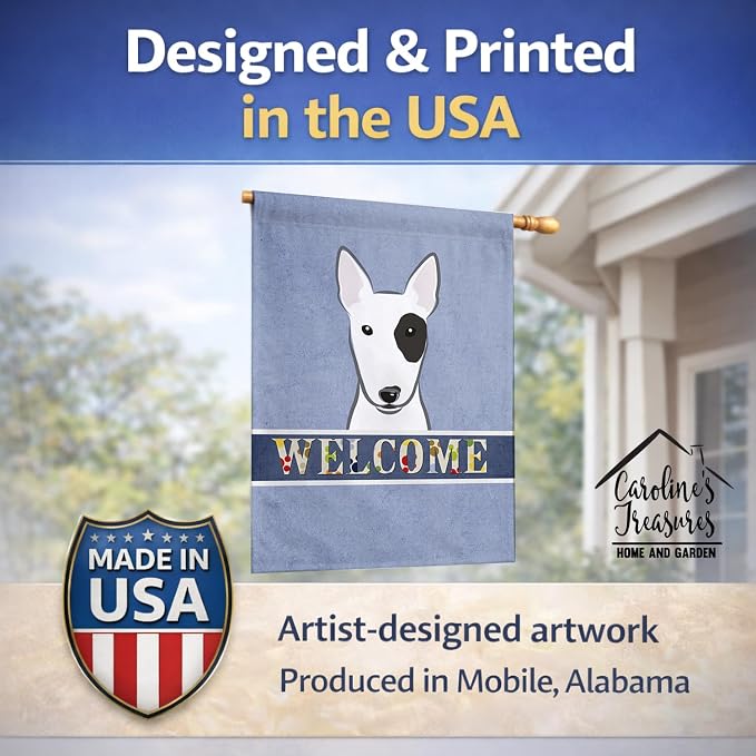 Caroline's Treasures BB1395CHF Bull Terrier Welcome House Flag, Blue Large Porch Sleeve Pole Decorative Outside Yard Banner Artwork Wall Hanging, Polyester, House Size, Multicolor