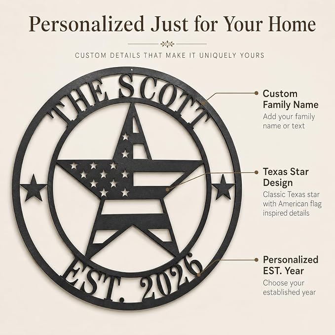 Personalized Texas Star Metal Sign Custom Family Name Established Year Wall Art for Porch Patio Entryway Rustic Outdoor Home Decor Wedding Fathers Day Housewarming Gift