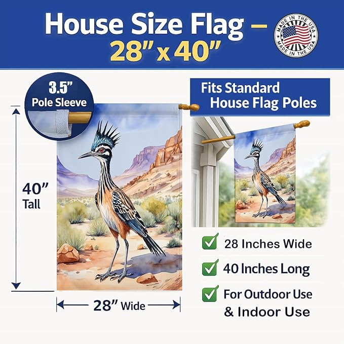 Caroline's Treasures New Mexico Greater Roadrunner House Flag Large Porch Sleeve Pole Decorative Outside Yard Banner Artwork Wall Hanging, Polyester, House Size, Multicolor