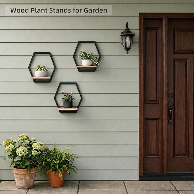 3 Pack Solid Wood & Metal Framework Wall Plant Stands,9 inch Natural Wood Shelf of Indoor,Mid Century Modern Hanging Planter for Outdoor Entryway 25 LB Load for Plants Black