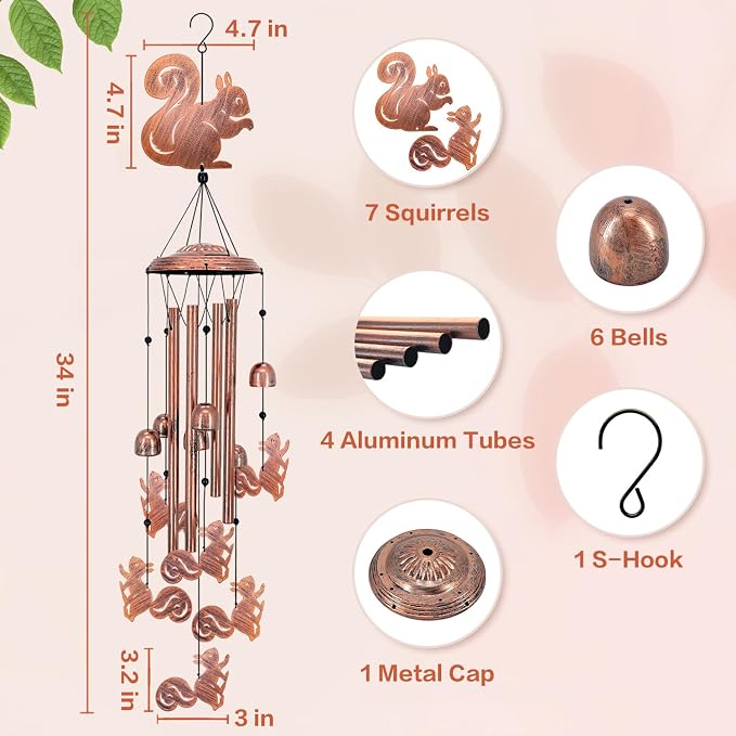 Squirrel Wind Chimes for Outside,Squirrel Gifts for Women Men/Memorial Gift/Birthday Gifts Metal windchimes Outdoors/Indoors,Garden Decor,Patio,Home,Porch,Yard Decorations