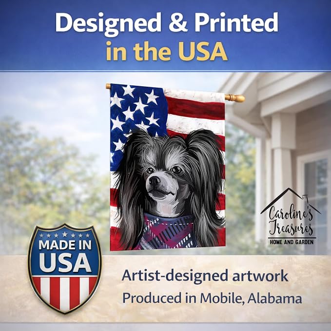 Caroline's Treasures CK6487CHF Chinese Crested Dog American Flag House Flag Large Porch Sleeve Pole Decorative Outside Yard Banner Artwork Wall Hanging, Polyester, House Size, Multicolor