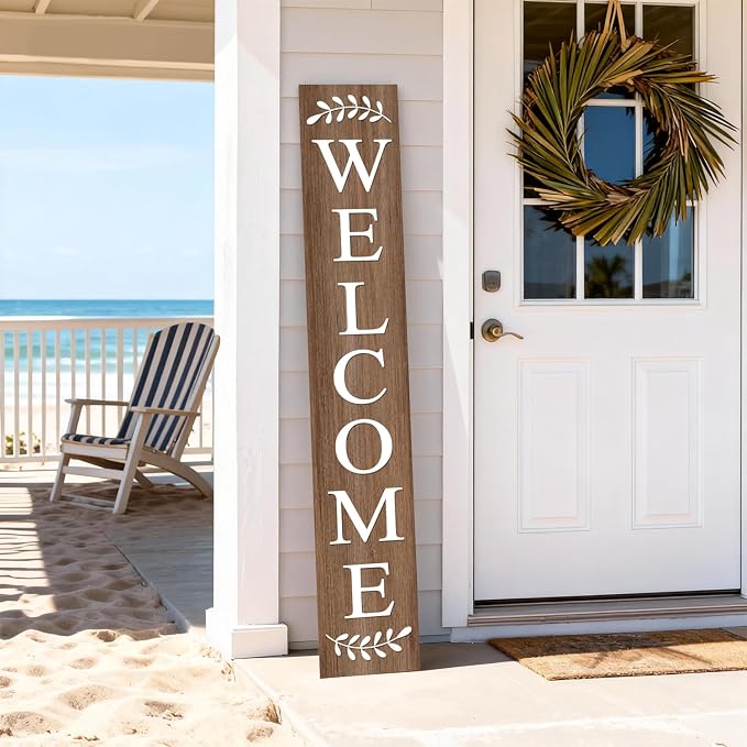 Farmhouse Wooden Welcome Sign Stand for Front Door, 47" Large Welcome Sign for Front Porch, Rustic Vertical Tall Porch Leaner Decor for Outdoor Patio Garden