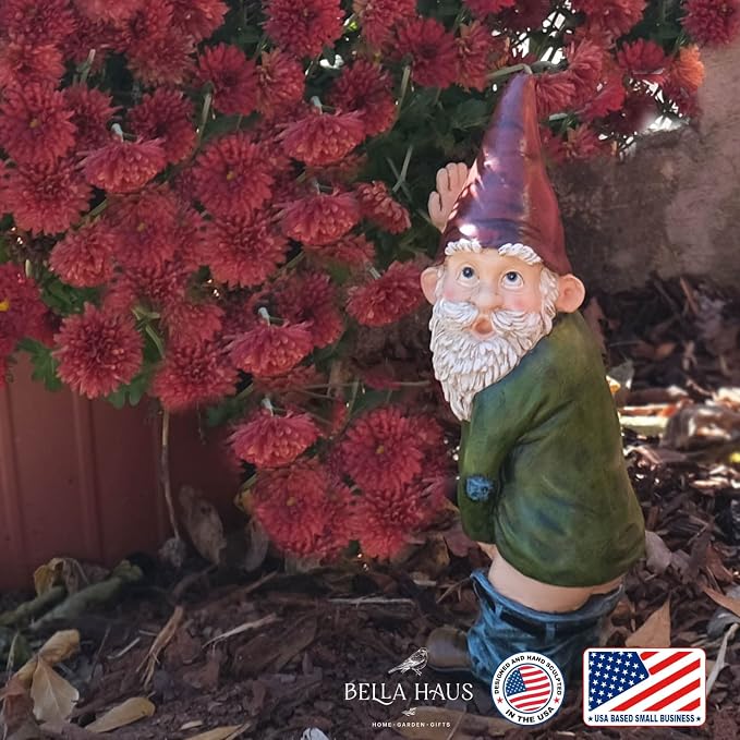 Gnome Statue - 10.3" Tall Polyresin - Willy The Peeing Garden Gnome for Lawn Ornaments, Indoor or Outdoor Decorations - Red and Green Funny Gnomes